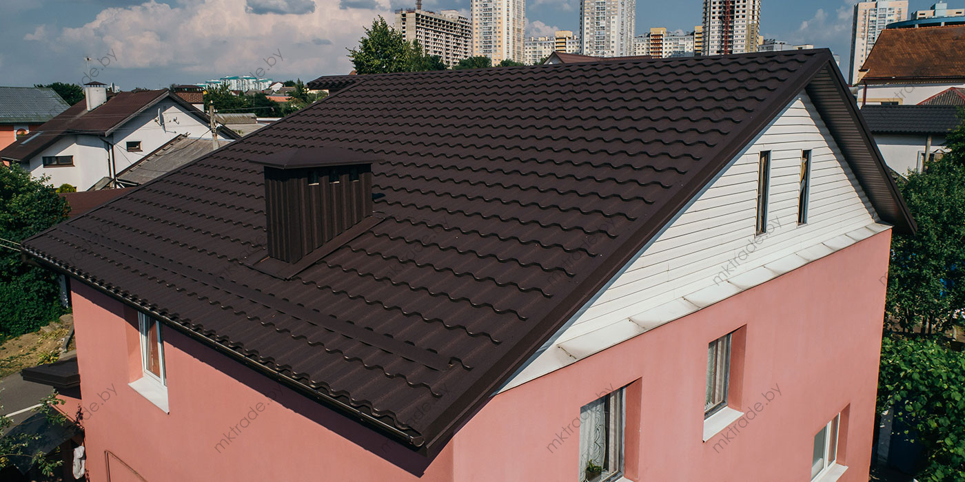 Металлочерепица НОРДО  ®, водосток металлический, цвет RAL 8019 (серо-коричневый) КВАРЦ